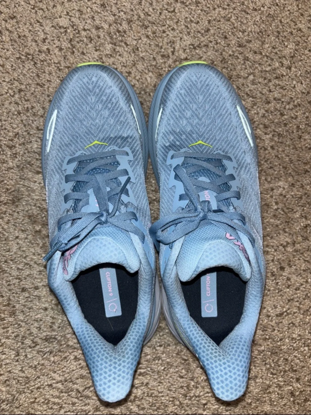 Hoka Women's Sky Blue Running Sneakers with Pink Logo- Clifton 9 - Picture 2 of 5